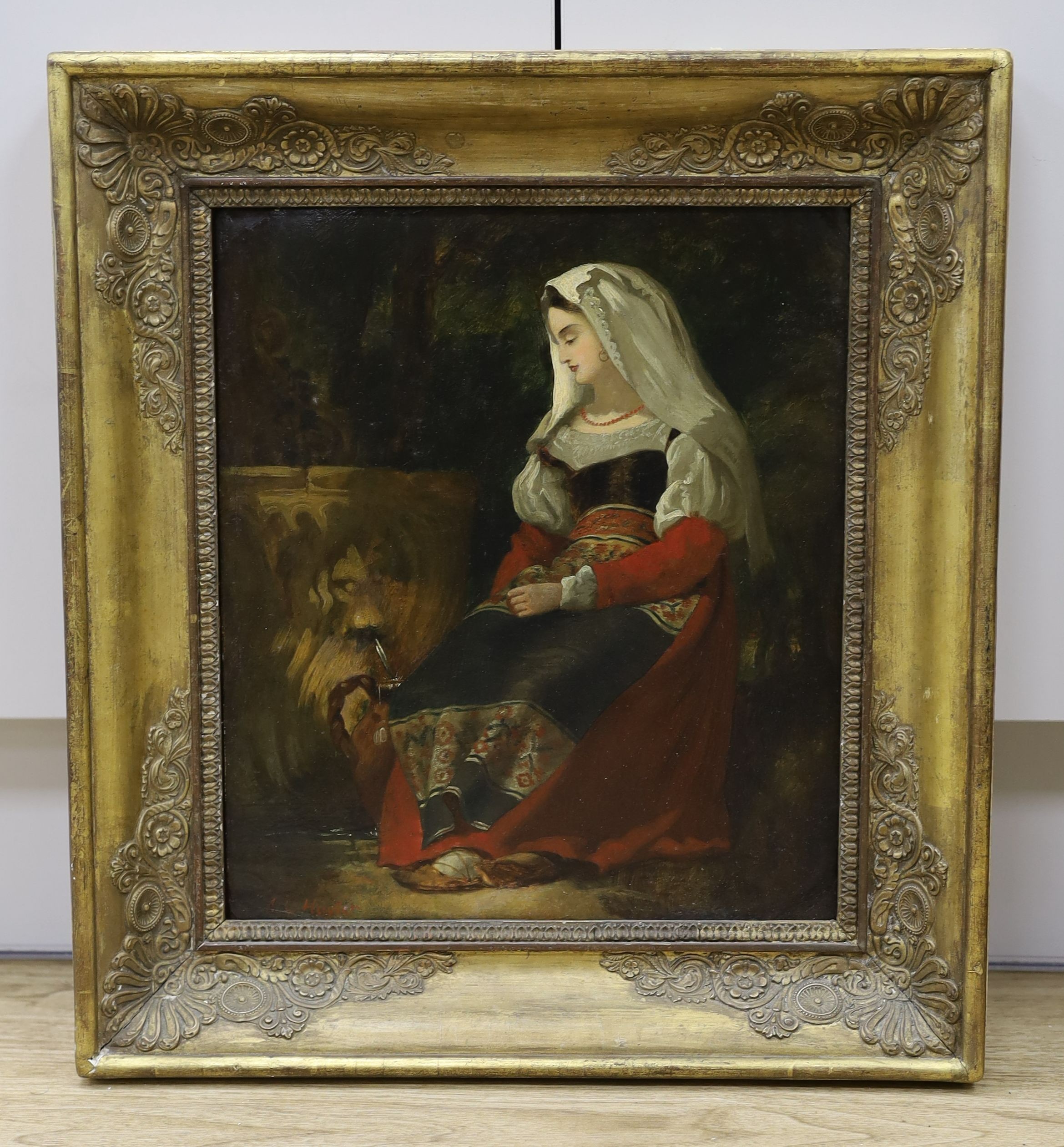 Angelo Collen Hayter (19th C.), oil on millboard, 'A Roman peasant at a fountain', signed, inscribed verso, 'sketch painted ...for Mrs. Thos. Fairbrand, June 1853', 35 x 30cm